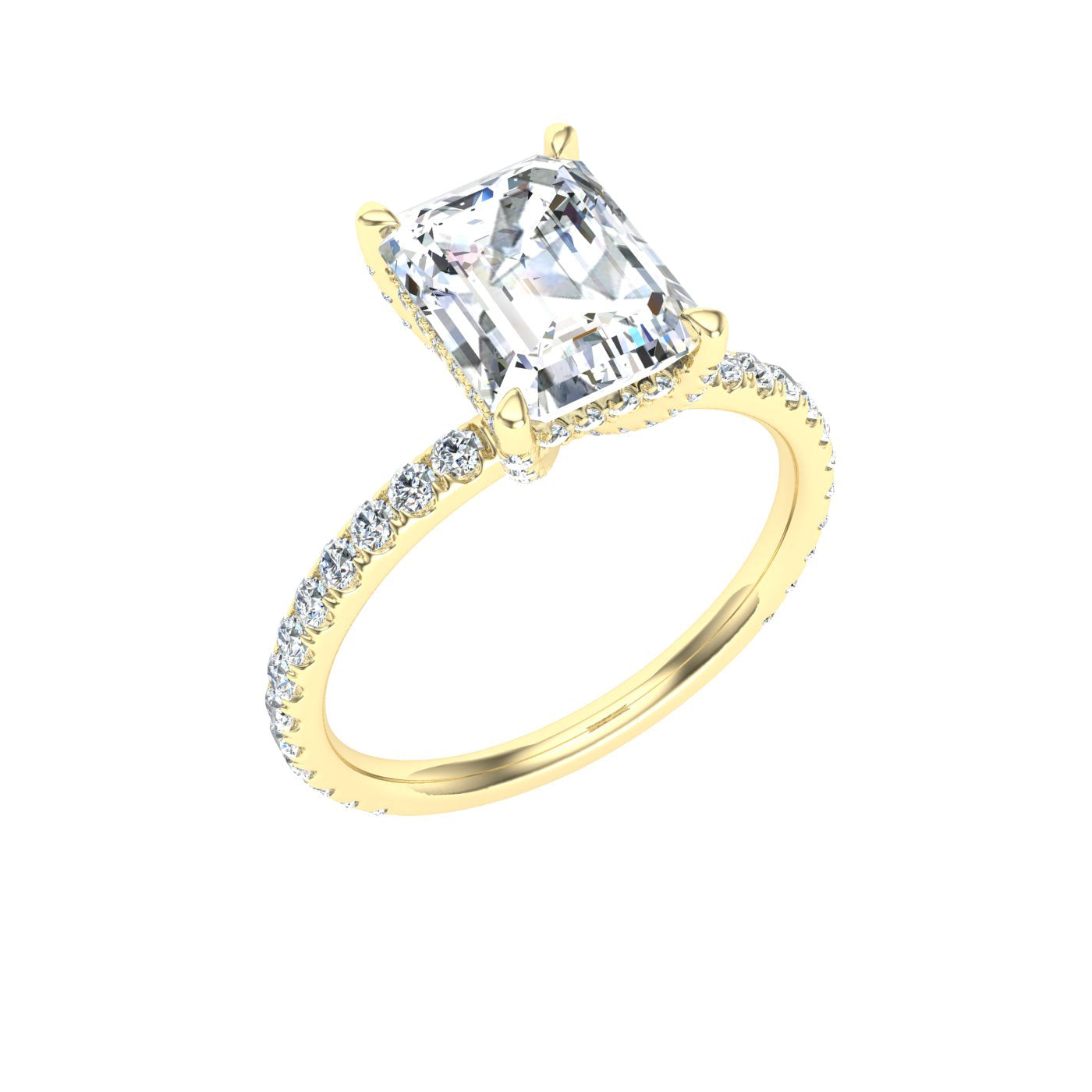 Stream  Emerald Cut Hidden Halo Moissanite Engagement Ring Yellow Gold
